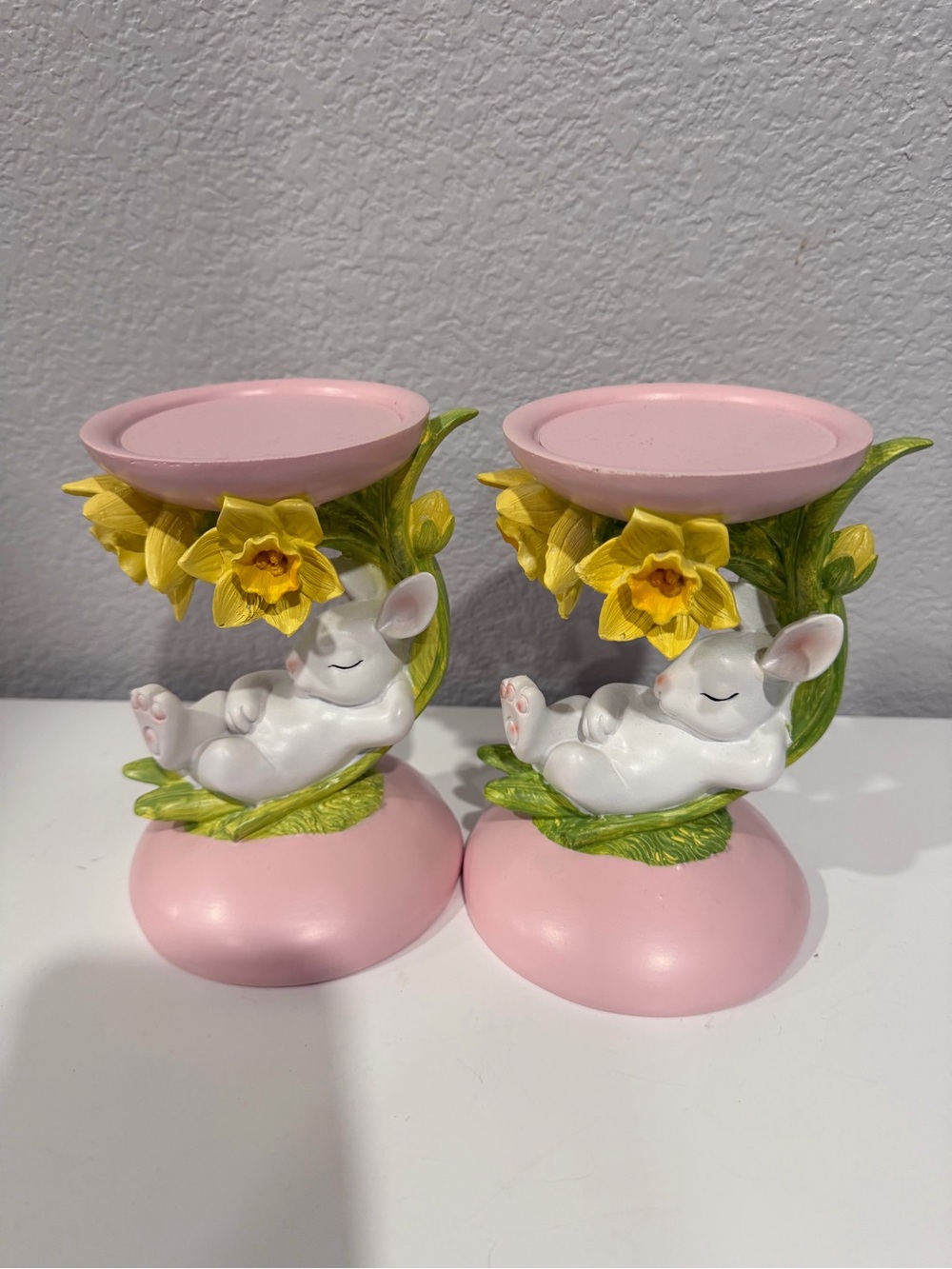 Not Rated Pink and Yellow Bunny Floral Candle Holders